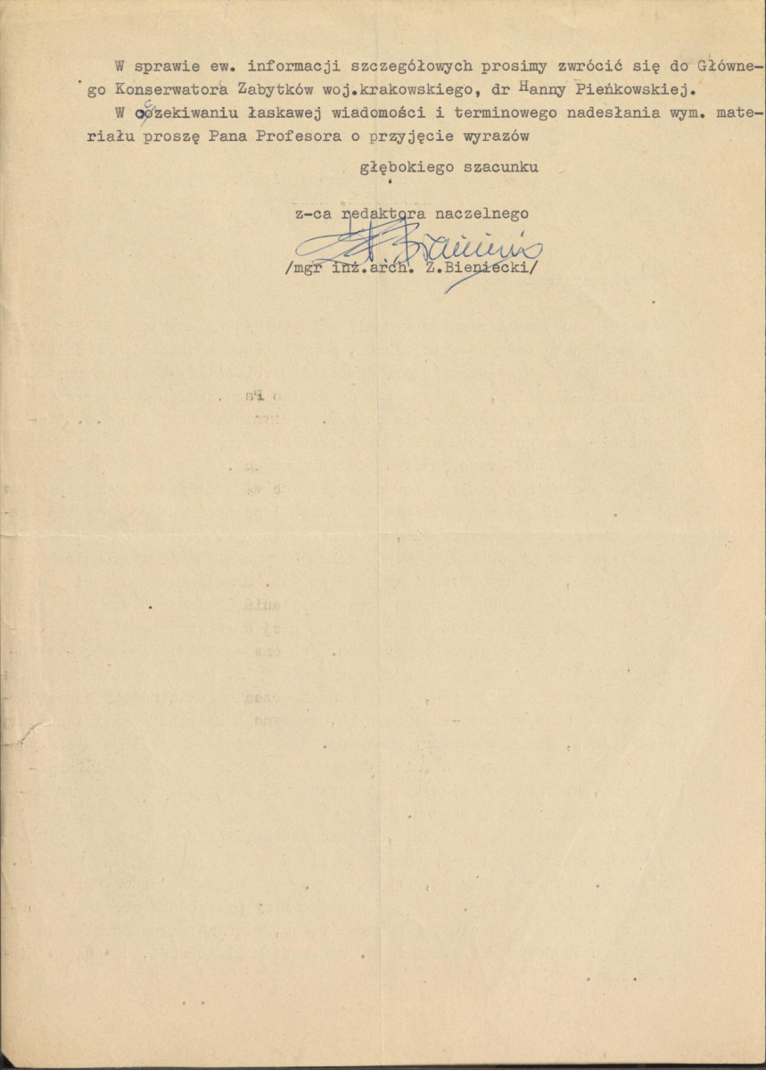 pismo z Kwartalnika "Ochrona Zabytków" z dnia 3 maja 1965 r. z prośbą o przygotowanie artykułu pt. "Zagadnienia przestrzenne ukształtowania obrzeży zalewu z punktu widzenia ochrony elementów krajobrazowych i zabytkowych", skan 2