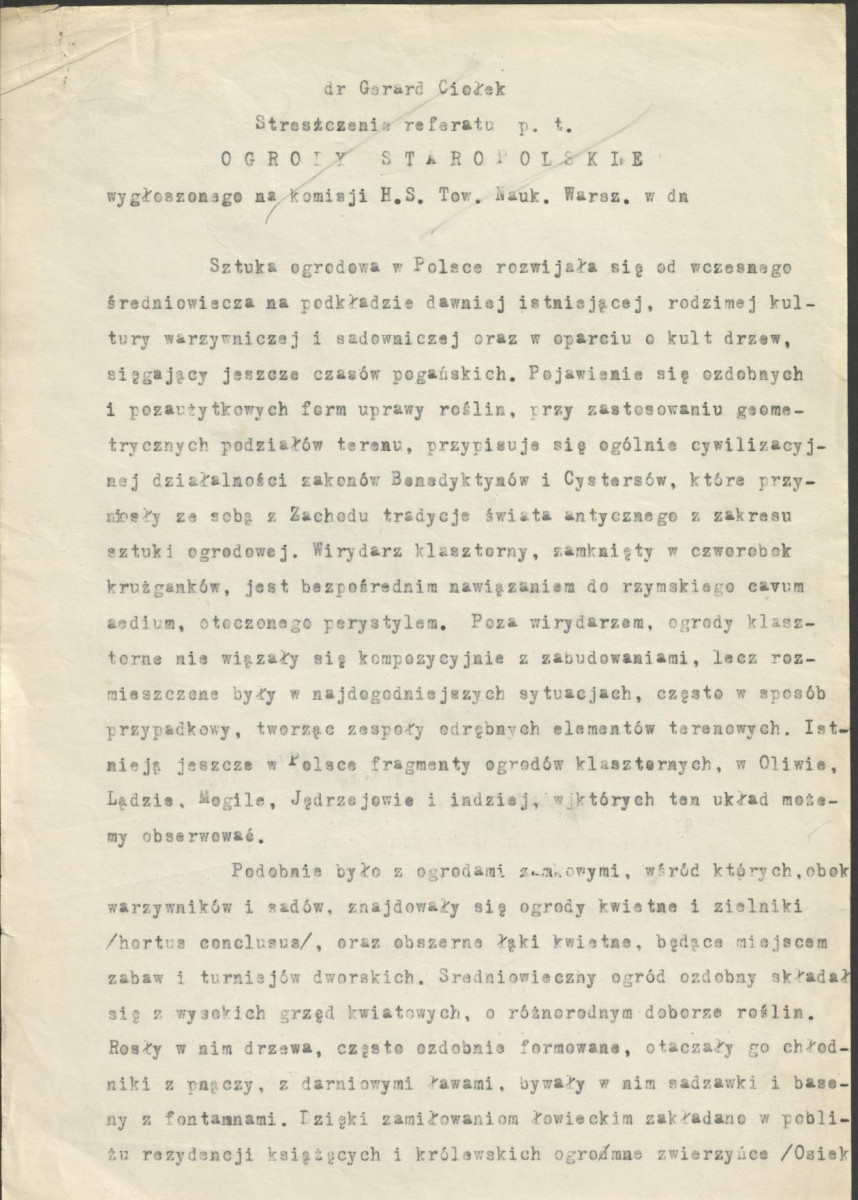 fragmenty (brudnopis) streszczenia referatu pt. "Ogrody staropolskie" wygłoszonego na Komisji Historii Sztuki Towarzystwa Naukowego Warszawskiego , skan 1