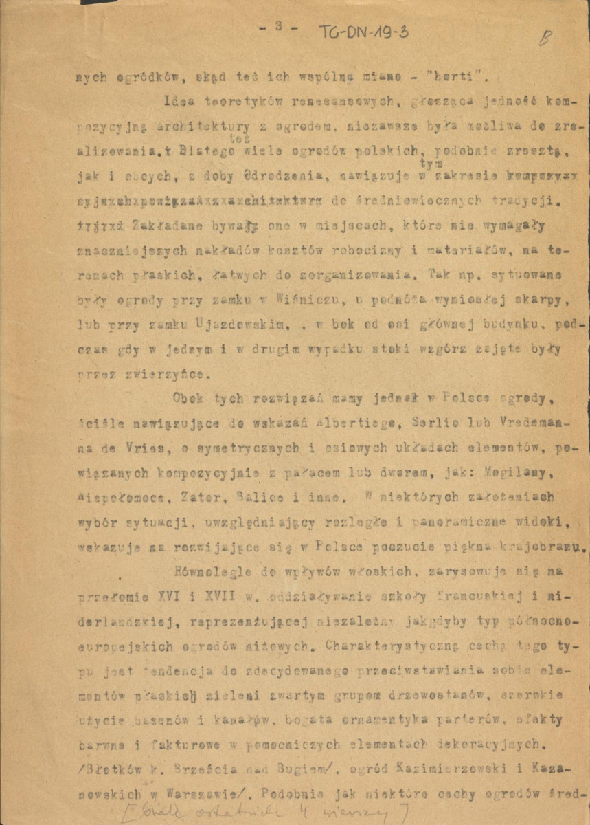 fragmenty (brudnopis) streszczenia referatu pt. "Ogrody staropolskie" wygłoszonego na Komisji Historii Sztuki Towarzystwa Naukowego Warszawskiego , skan 3