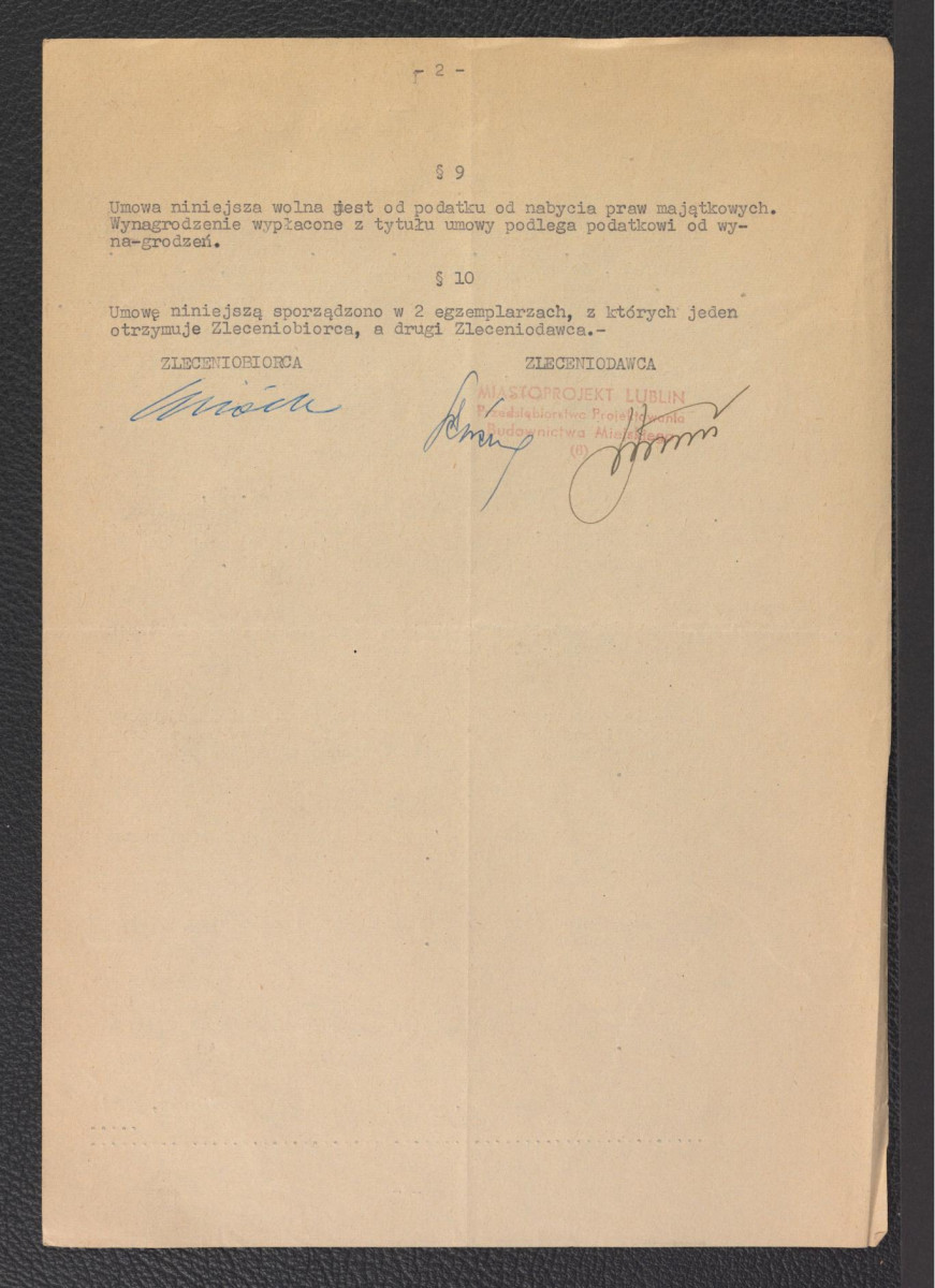 umowa - zlecenie z dnia 7 kwietnia 1962 roku zawarta pomiędzy Zarządem Miasta Lublina, a Gerardem Ciołkiem na wykonanie konsultacji do planu projektu zieleni Placu Litewskiego w Lublinie, skan 2