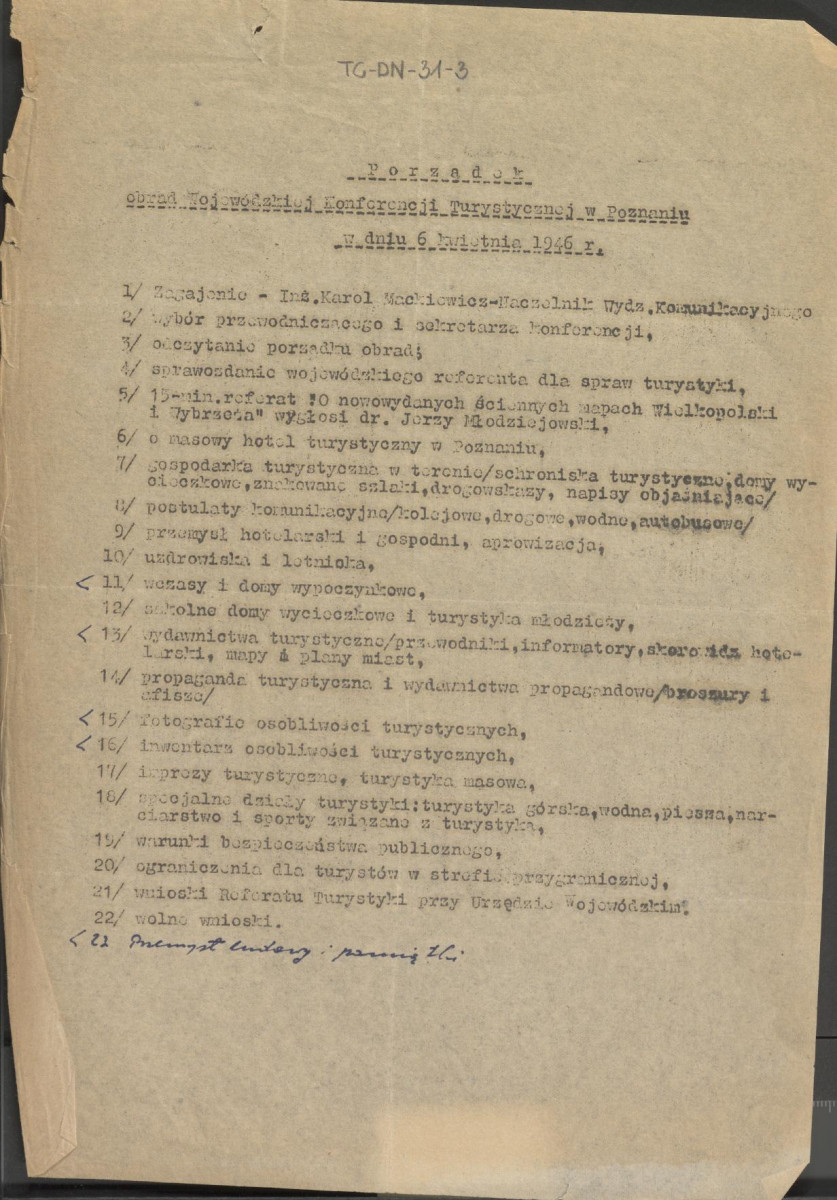 Porządek obrad Wojewódzkiej Konferencji Turystycznej w Poznaniu w dniu 6 kwietnia 1946 r., skan 1