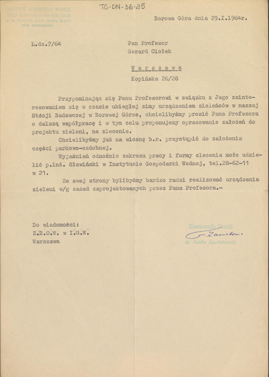 pismo kierownika Stacji Badawczej Instytutu Gospodarki Wodnej w Borowej Górze z dnia 29 stycznia 1964 r. w sprawie zlecenia na opracowanie założeń do projektu zieleni, skan 1