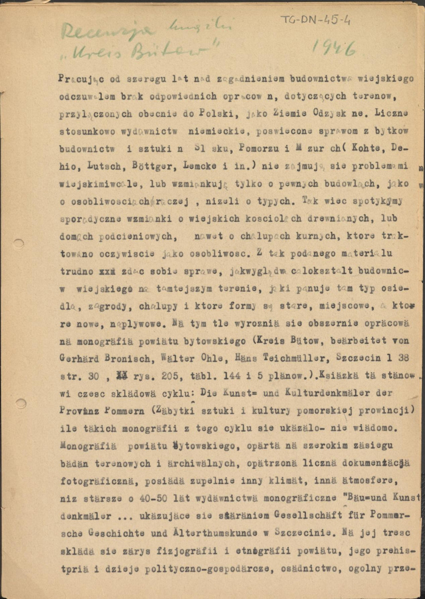 recenzja książki "Kreis Bütow bearbeitet von Gerhard Bronisch, Walter Ohle, Hans Teichmüller", Stettin 1938 (niemieckojęzyczna monografia powiatu bytowskiego, skan 1