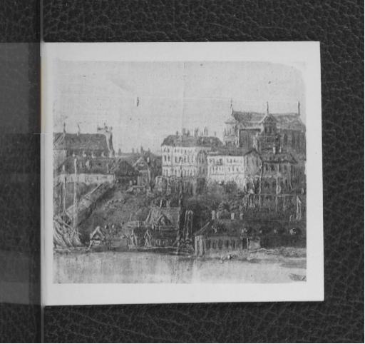 fotografia czarno-biała przedstawiająca fragment obrazu olejnego autorstwa Bernardo Belotto z panoramą Warszawy z lat 1772-1776, skan 1