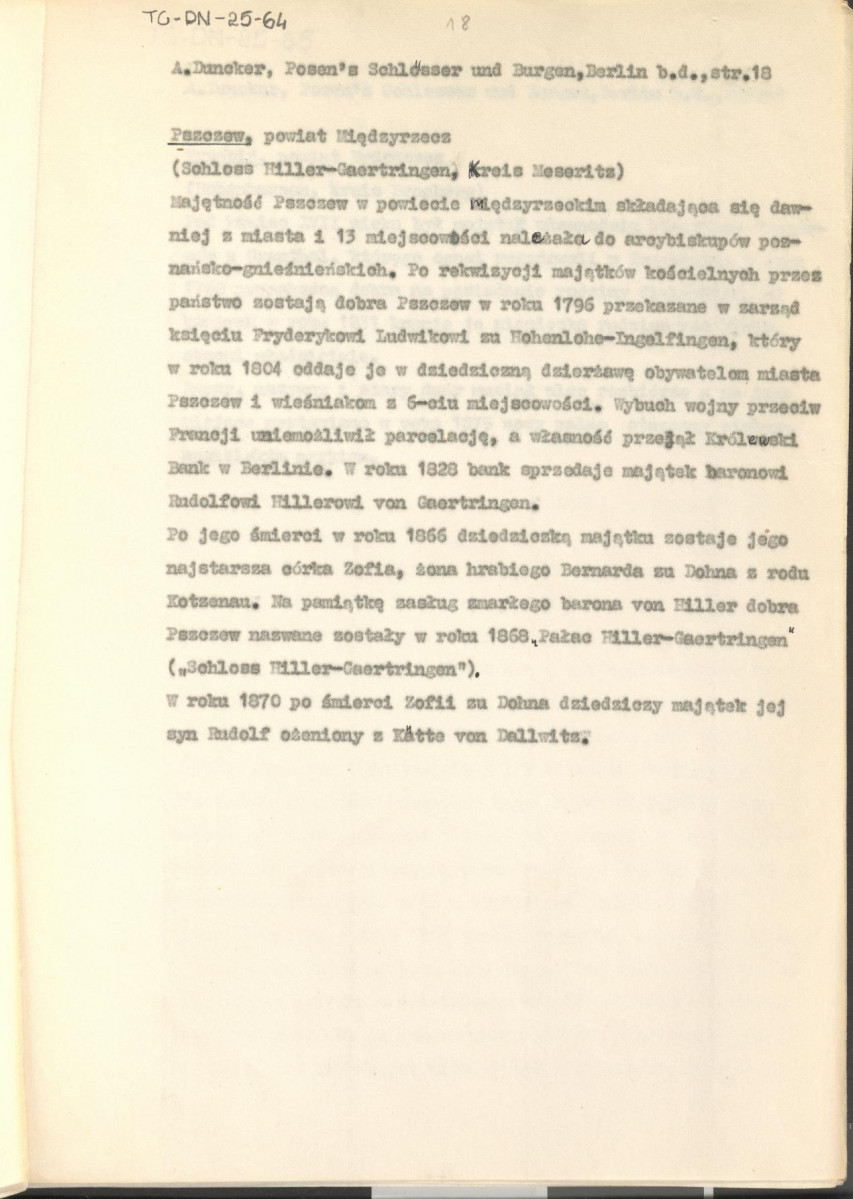wypis z pracy "Pałace i zamki w Poznańskim w artystycznych, barwnych i wiernie z natury odtworzonych ilustracjach wraz z towarzyszącym im tekstem. Wydane przez Aleksadra Ducknera nadwornego księgarza Jego Królewskiej Mości. Berlin b.d. Nakładem Aleksandra Ducknera nadwornego księgarza królewskiego", s. 18, skan 1