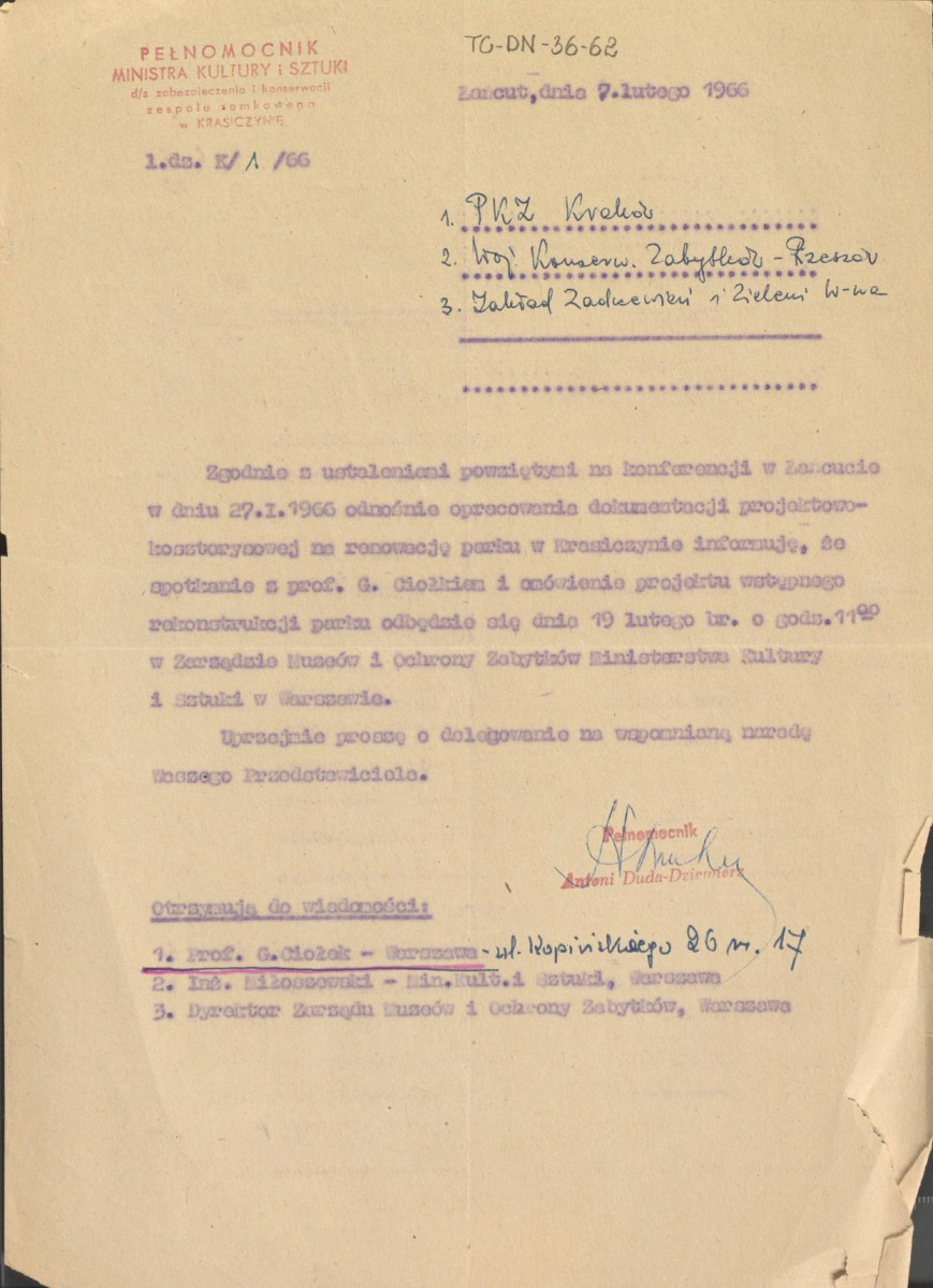 pismo Pełnomocnika Ministra Kultury i Sztuki do spraw zabezpieczenia i konserwacji zespołu zamkowego w Krasiczynie z dnia 7 lutego1966 r. w sprawie omówienia wstępnego projektu rekonstrukcji parku, skan 1