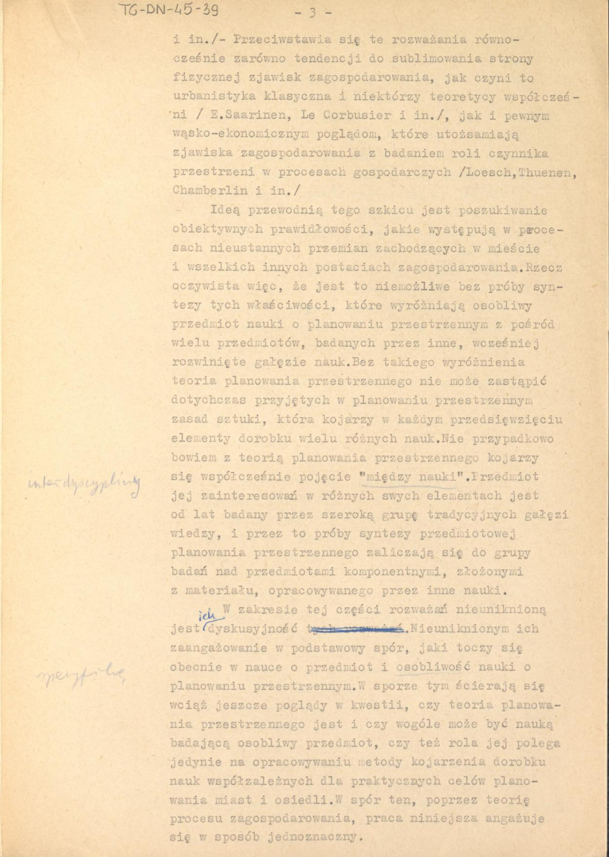 konspekt układu tekstu pracy doktorskiej Janusza Ratajczaka z dnia 10 stycznia 1963 r. pt. "Wymiarowanie zjawisk zagospodarowania przestrzennego metodą przekrojów procesu zagospodarowania (na przykładzie kourabanizacji zespołu przemysłów - Chranów)", skan 5