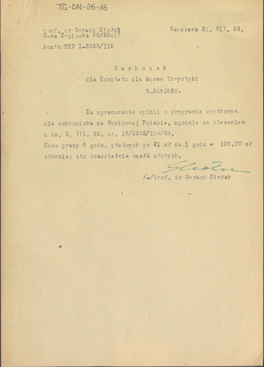 Rachunek wystawiony Komitetowi dla Spraw Turystyki z dnia 21 lipca 1953 r. za opracowanie programu użytkowego dla schroniska na Rusinowej Polanie, skan 1