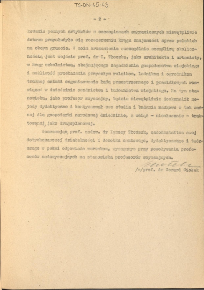recenzja z dnia 16 czerwca 1965 r. opinii Komisji Rady Wydziału Ekonomiczno-Rolniczego SGGW w sprawie wniosku o powołanie kierownika Katedry Budownictwa Wiejskiego SGGW Ignacego Tłoczka na stanowisko profesora zwyczajnego tejże uczelni , skan 2