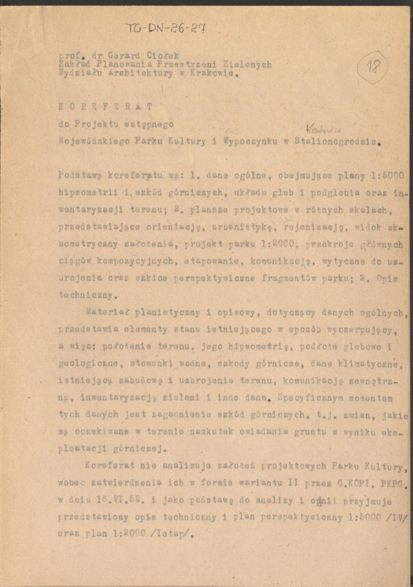 Koreferat do projektu wstępnego Wojewódzkiego Parku Kultury i Wypoczynku w Stalinogrodzie (Katowicach), skan 1