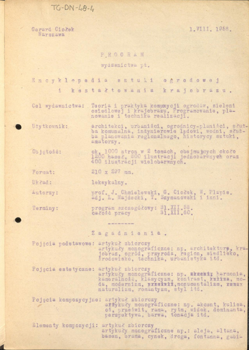 Program wydawnictwa pt. "Encyklopedia sztuki ogrodowej i kształtowania krajobrazu" z dnia 1 sierpnia 1958 r., skan 3