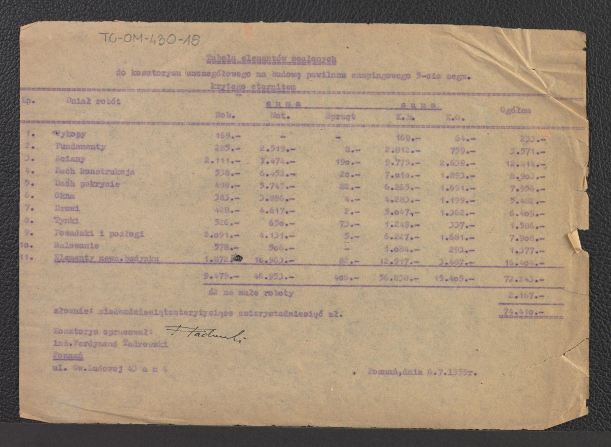 tabela elementów scalonych do kosztorysu szczegółowego na budowę pawilonu campingowego pięciosegmentowego krytego eternitem z dnia 6 lipca 1959 roku, skan 1