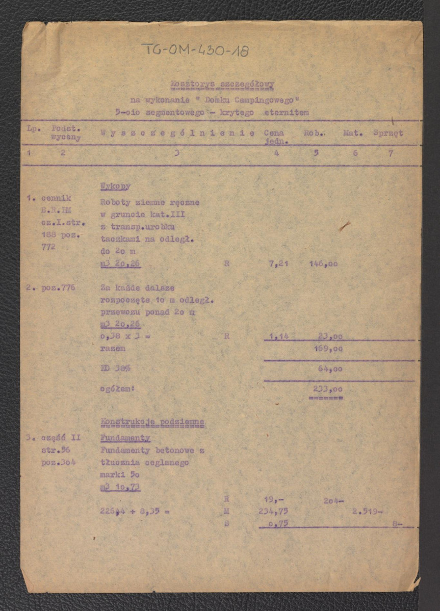 tabela elementów scalonych do kosztorysu szczegółowego na budowę pawilonu campingowego pięciosegmentowego krytego eternitem z dnia 6 lipca 1959 roku, skan 2