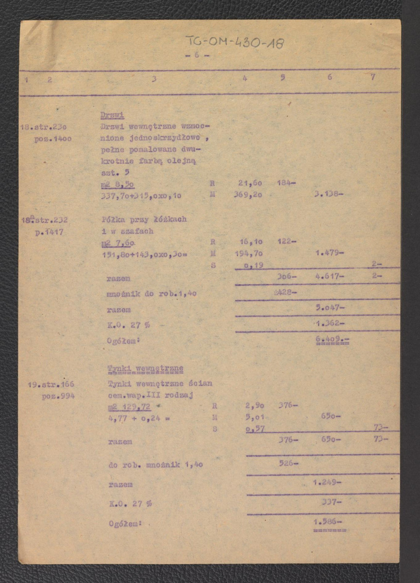 tabela elementów scalonych do kosztorysu szczegółowego na budowę pawilonu campingowego pięciosegmentowego krytego eternitem z dnia 6 lipca 1959 roku, skan 7