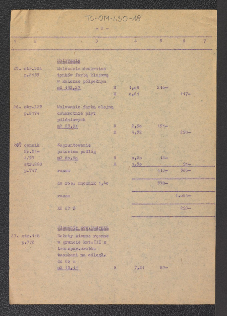 tabela elementów scalonych do kosztorysu szczegółowego na budowę pawilonu campingowego pięciosegmentowego krytego eternitem z dnia 6 lipca 1959 roku, skan 9