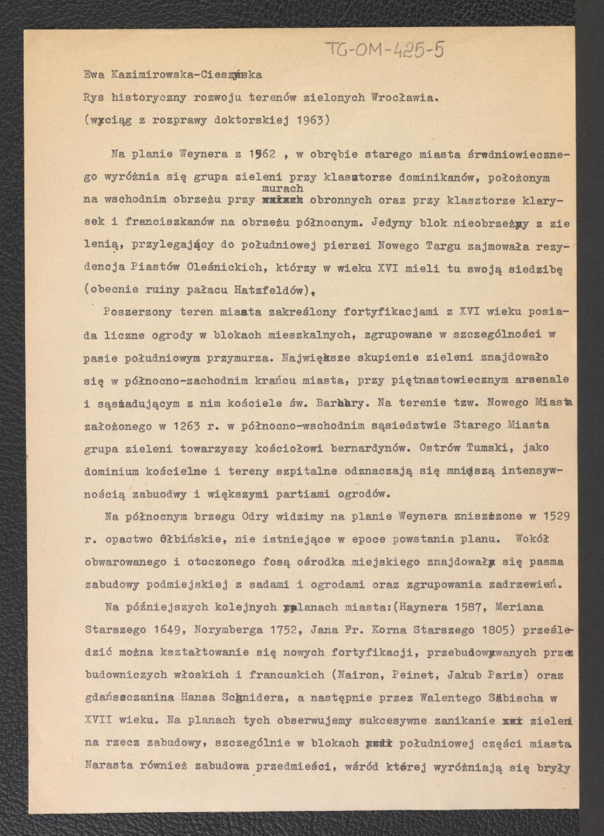 Rys historyczny rozwoju terenów zielonych Wrocławia”: wyciąg z rozprawy doktorskiej Ewy Kazimirowskiej-Cieszyńskiej, skan 1