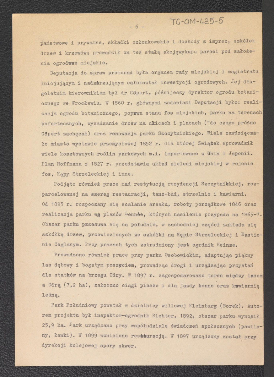 Rys historyczny rozwoju terenów zielonych Wrocławia”: wyciąg z rozprawy doktorskiej Ewy Kazimirowskiej-Cieszyńskiej, skan 6