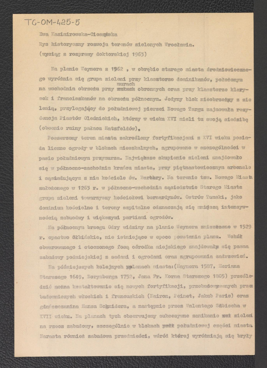 Rys historyczny rozwoju terenów zielonych Wrocławia”: wyciąg z rozprawy doktorskiej Ewy Kazimirowskiej-Cieszyńskiej, skan 8
