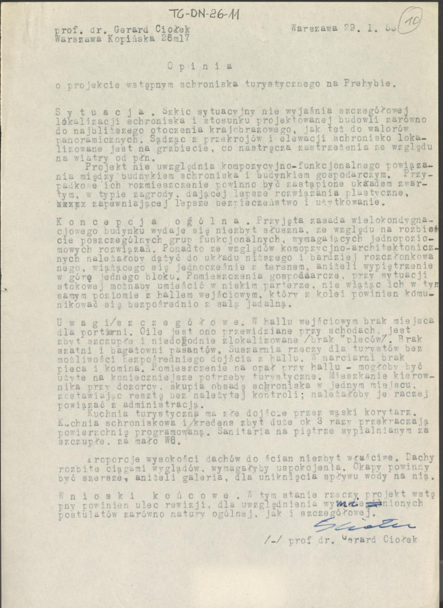 Opinia z dnia 29 stycznia 1953 r. o projekcie wstępnym schroniska turystycznego na Prehybie, skan 1