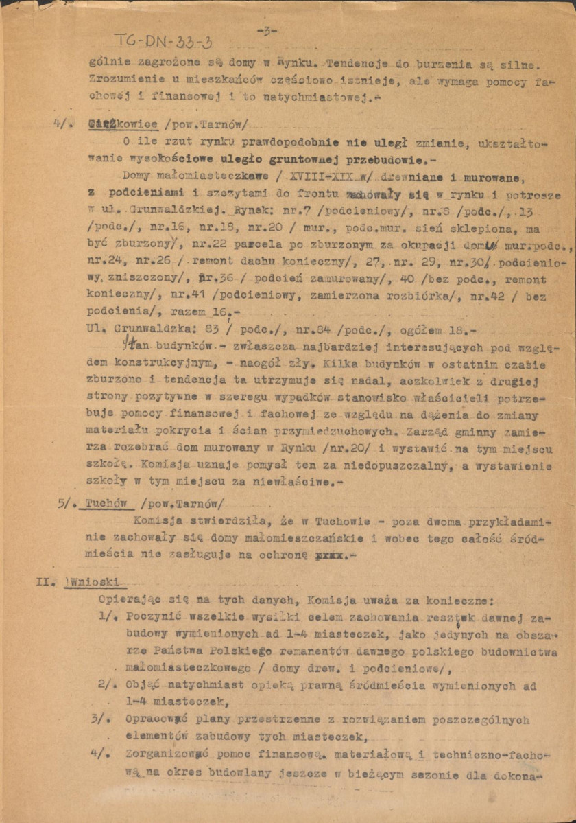 Protokół z objazdowej Komisji Konserwatorskiej w dniach 31 marca 1947 r. i 1 kwietnia 1947 r. zwołanej przez Kenserwatora Województwa Krakowskiego w sprawie opieki nad miasteczkami: Lipnicą Murowaną, Czchowem, Zakliczynem, Ciężkowicami i Tuchowem, skan 3