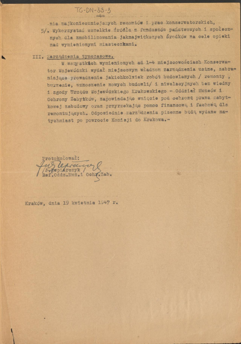 Protokół z objazdowej Komisji Konserwatorskiej w dniach 31 marca 1947 r. i 1 kwietnia 1947 r. zwołanej przez Kenserwatora Województwa Krakowskiego w sprawie opieki nad miasteczkami: Lipnicą Murowaną, Czchowem, Zakliczynem, Ciężkowicami i Tuchowem, skan 4