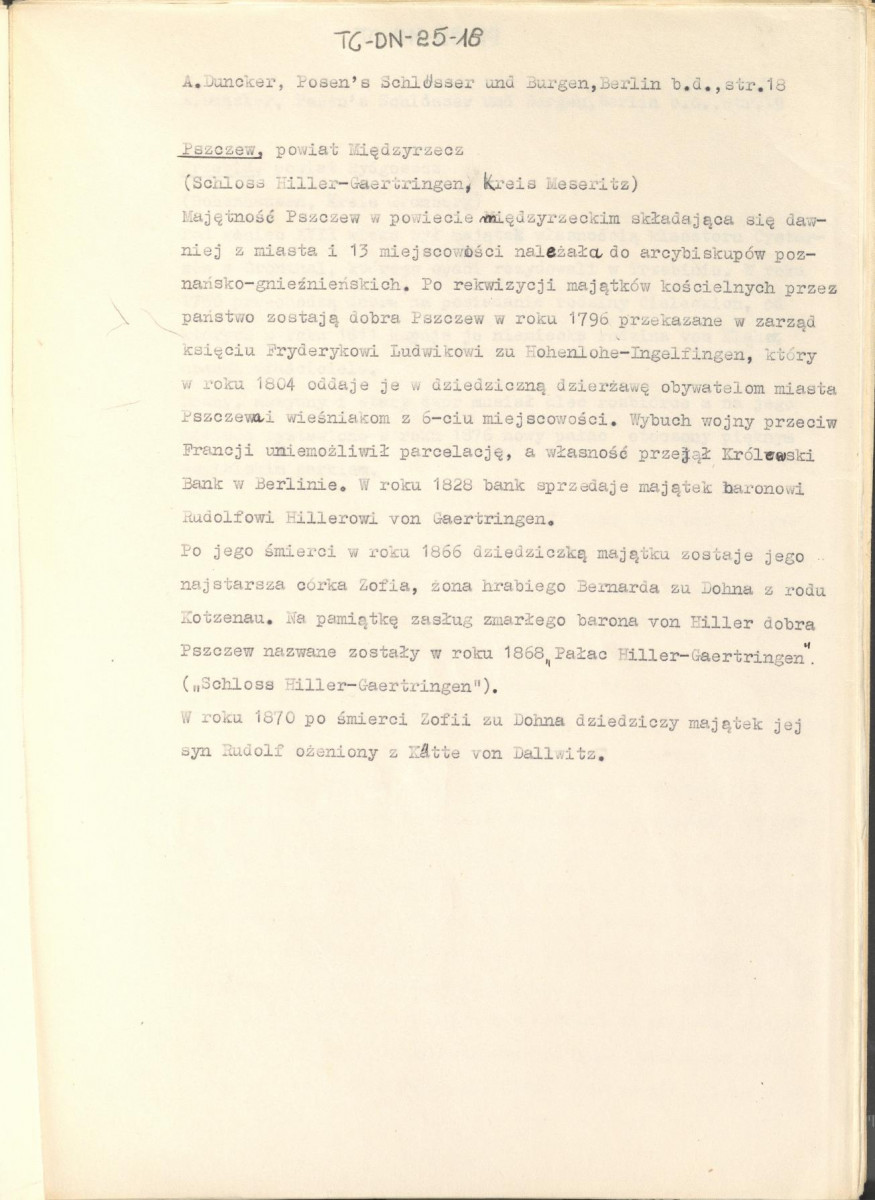 wypis z pracy "Pałace i zamki w Poznańskim w artystycznych, barwnych i wiernie z natury odtworzonych ilustracjach wraz z towarzyszącym im tekstem. Wydane przez Aleksadra Ducknera nadwornego księgarza Jego Królewskiej Mości. Berlin b.d. Nakładem Aleksandra Ducknera nadwornego księgarza królewskiego", s. 18, skan 1