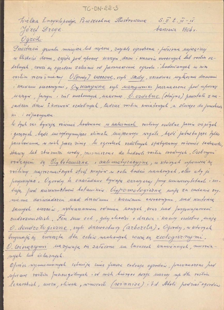Józef Drege, "Ogród". Artykuł w Wielkiej Encyklopedii Powszechnej Ilustrowanej, Warszawa 1904 - odpis w formie rękopisu, skan 1