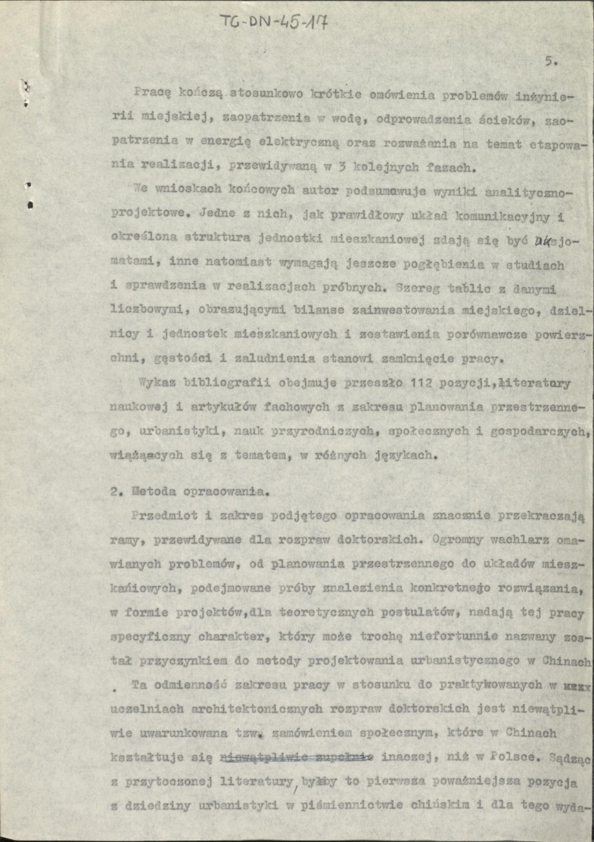 recenzja z dnia 3 maja 1961 r. pracy doktorskiej Tao-Sun-Lina pt. "Teoretyczny projekt półmilionowego miasta chińskiego jako przyczynek do metody projektowania urbanistycznego w Chinach" oraz pismo z dnia 25 maja dziekana Wydziału Architektury Politechniki Warszawskiej z prośbą o wzięcie udziału przez Gerarda Ciołka w dyskusji nad ww. rozprawą dotorską, skan 5