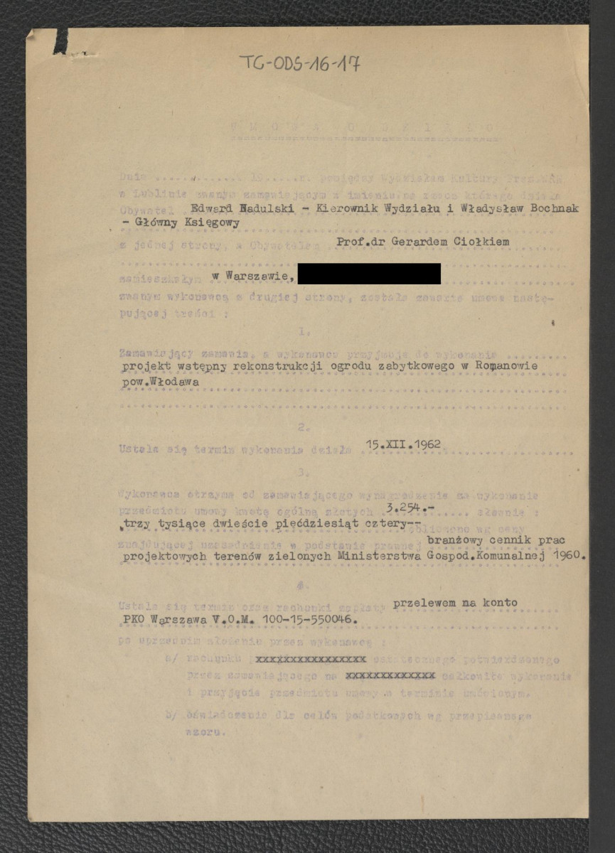 umowa o dzieło pomiędzy Wydziałem Kultury Prezydium Wojewódzkiej Rady Narodowej w Lublinie a Gerardem Ciołkiem w sprawie wykonania wstępnego projektu rekonstrukcji zabytkowego ogrodu w Romanowie, skan 1