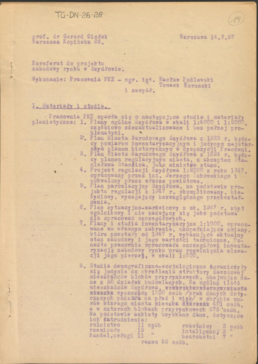 Koreferat z dnia 14 maja 1957 r. do projektu zabudowy rynku w Szydłowie, skan 1