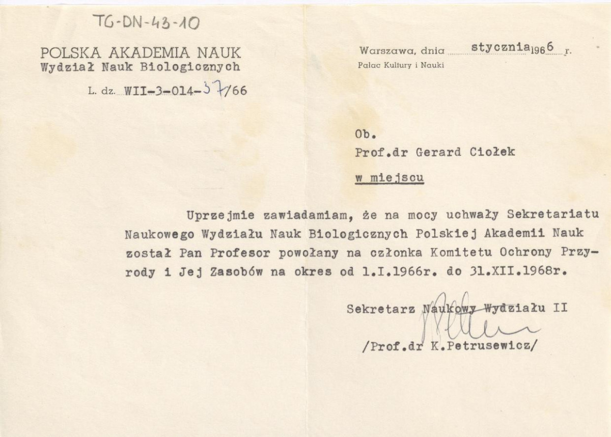 pismo z Wydziału Nauk Biologicznych Polskiej Akademii Nauk ze stycznia 1966 r.informujące o powołaniu Gerarda Ciołka na członka Komitetu Ochrony Przyrody i Jej Zasobów, skan 1
