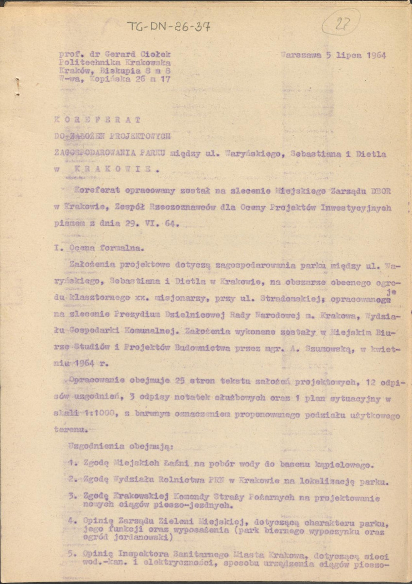 Koreferat z dnia 5 lipca 1964 r. do założeń projektowych zagospodarowania parku między ul. Waryńskiego, Sebastiana i Dietla w Krakowie, skan 1