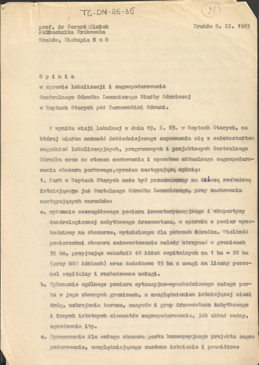 Opinia z dnia 8 listopada 1963 r. w sprawie lokalizacji i zagospodarowania Centralnego Ośrodka Leczniczego Służby Górniczej w Reptach Starych pod Tarnowskimi Górami, skan 1