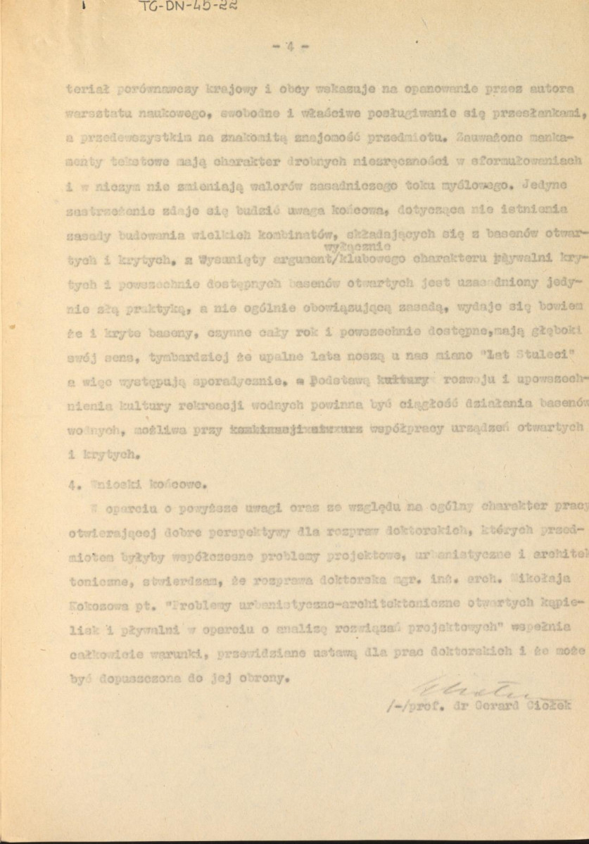 recenzja z dnia 1 grudnia 1963 r. rozprawy doktorskiej Mikołaja Kokozowa pt. "Problemy urbanistyczno-architektoniczne otwartych kąpielisk i pływalni w oparciu o analizę rozwiązań projektowych", skan 4