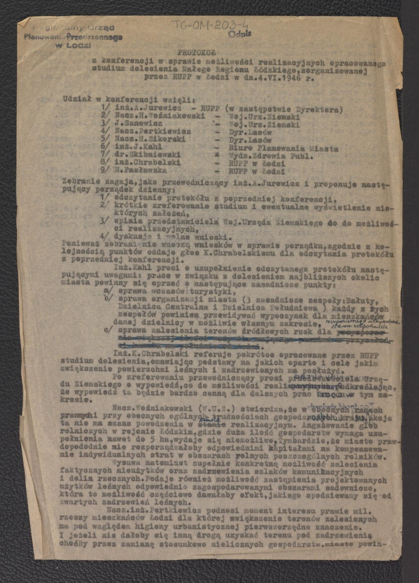 protokół z konferencji poświęconej omówieniu opracowanego przez Regionalny Urząd Planowania Przestrzennego w Łodzi „Studium do projektu dolesienia Małego Regionu Łódzkiego” zorganizowanej w lokalu RUPP w Łodzi w dniu 10 maja 1946 roku wraz z opisem, skan 3