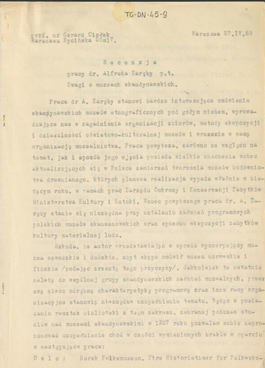 pismo przewodnie oraz recenzja pracy Alfreda Zaręby pt. "Uwagi o muzeach skandynawskich" z dnia 27 kwietnia 1953 r., skan 2