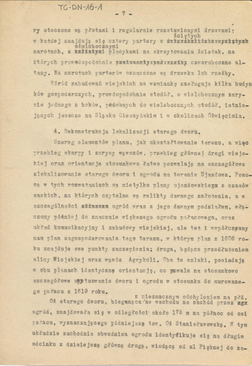 maszynopis artykułu Gerada Ciołka "Plan Ujazdowa z 1606 roku" drukowanego w Kwartalniku Architektury i Urbanistyki, T. 5 (1960), s. 550-552, skan 7