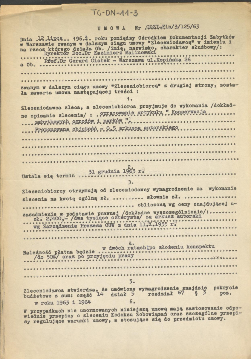 umowa z dnia 12 lipca 1963 r. zawarta przez Ośrodek Dokumentacji Zabytków w Warszawie z Gerardem Ciołkiem na opracowanie artykułu "Konserwacja zabytkowych ogrodów i parków", skan 1