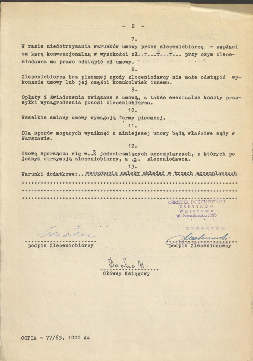 umowa z dnia 12 lipca 1963 r. zawarta przez Ośrodek Dokumentacji Zabytków w Warszawie z Gerardem Ciołkiem na opracowanie artykułu "Konserwacja zabytkowych ogrodów i parków", skan 2