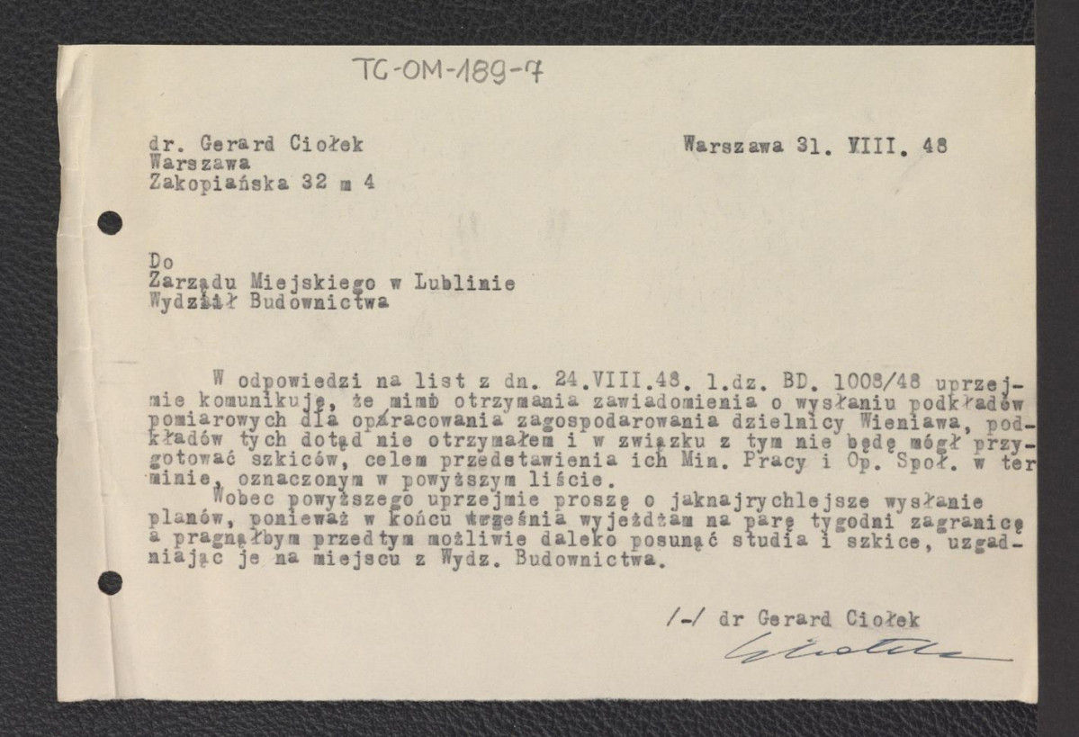 zawiadomienie ze strony Gerarda Ciołka o problemach w sporządzeniu wspomnianych szkiców z dnia 31 sierpnia 1948 roku, skan 1