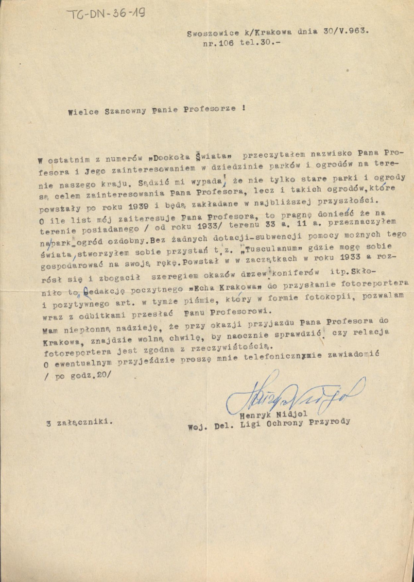 list Wojewódzkiego Delegata Ligii Ochrony Przyrody Henryka Nidjola z dnia 30 maja 1963 r. dotyczący założonego przez niego ogrodu, skan 1