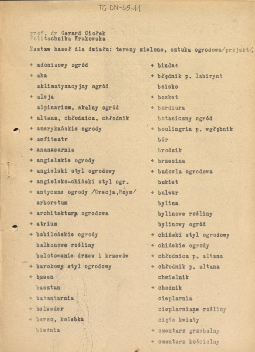 projekt zestawu haseł dla zagadnień dotyczących działów: tereny zielone i sztuka ogrodowa, skan 1