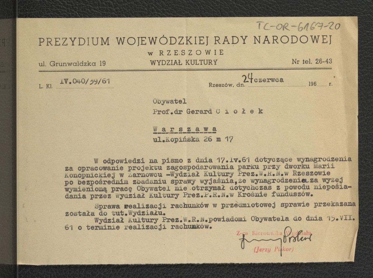 odpowiedź z 24 czerwca 1961 r. na upomnienie G. Ciołka ze strony Wydziału Kultury Prezydium Wojewódzkiej Rady Narodowej w Rzeszowie , skan 1