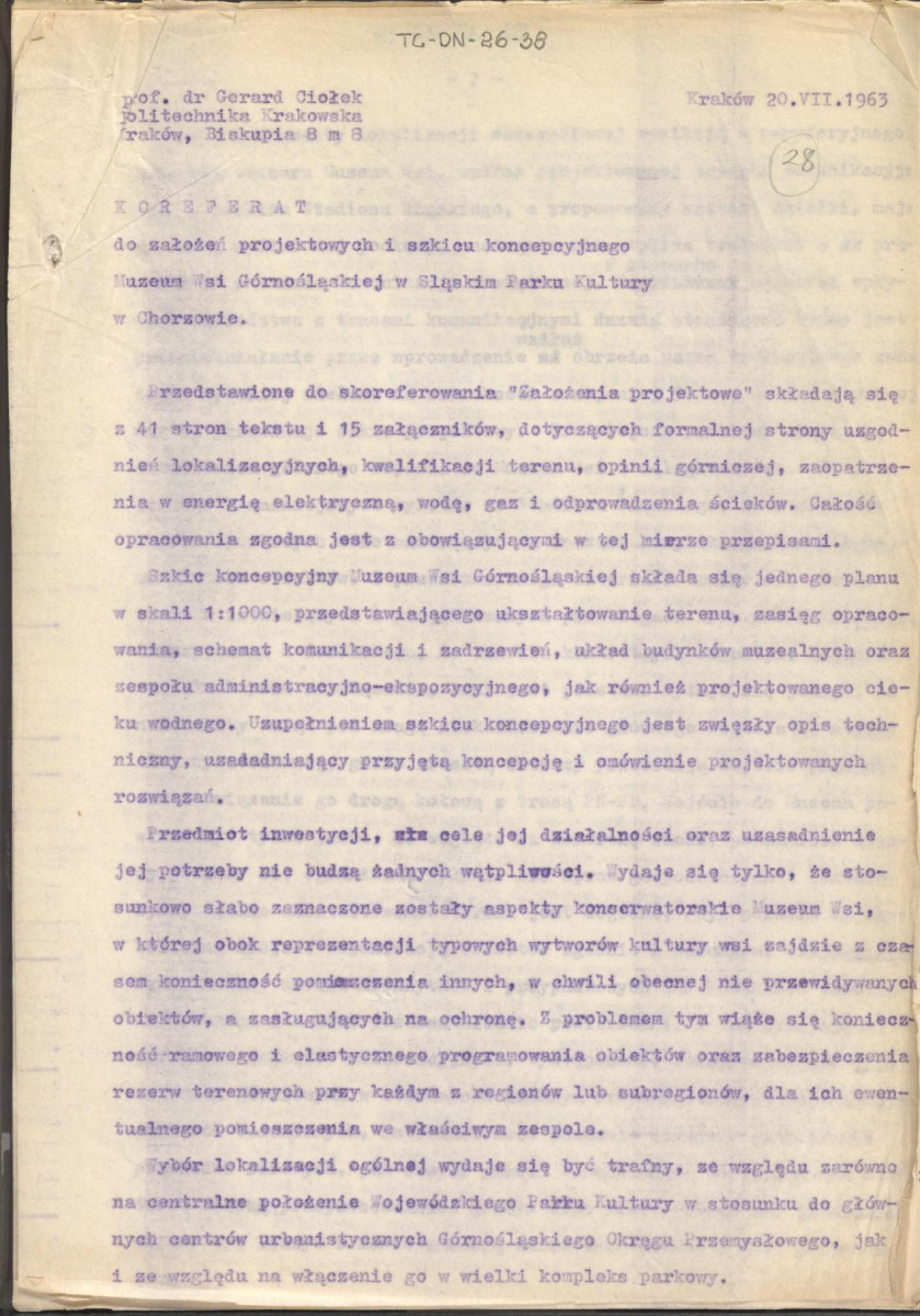 Koreferat z dnia 20 lipca 1963 r. do założeń projektowych i szkicu koncepcyjnego Muzeum Wsi Górnośląskiej w Śląskim Parku Kultury w Chorzowie, skan 1