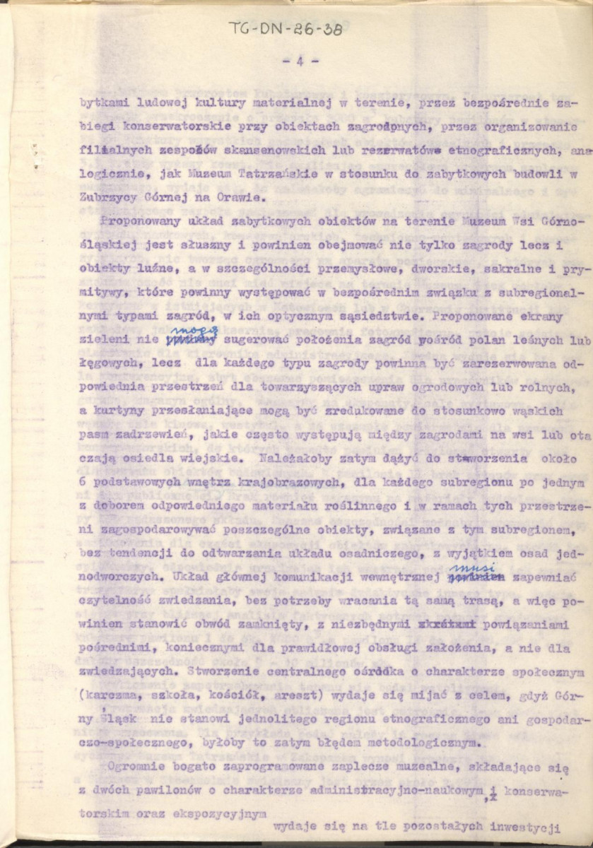 Koreferat z dnia 20 lipca 1963 r. do założeń projektowych i szkicu koncepcyjnego Muzeum Wsi Górnośląskiej w Śląskim Parku Kultury w Chorzowie, skan 4