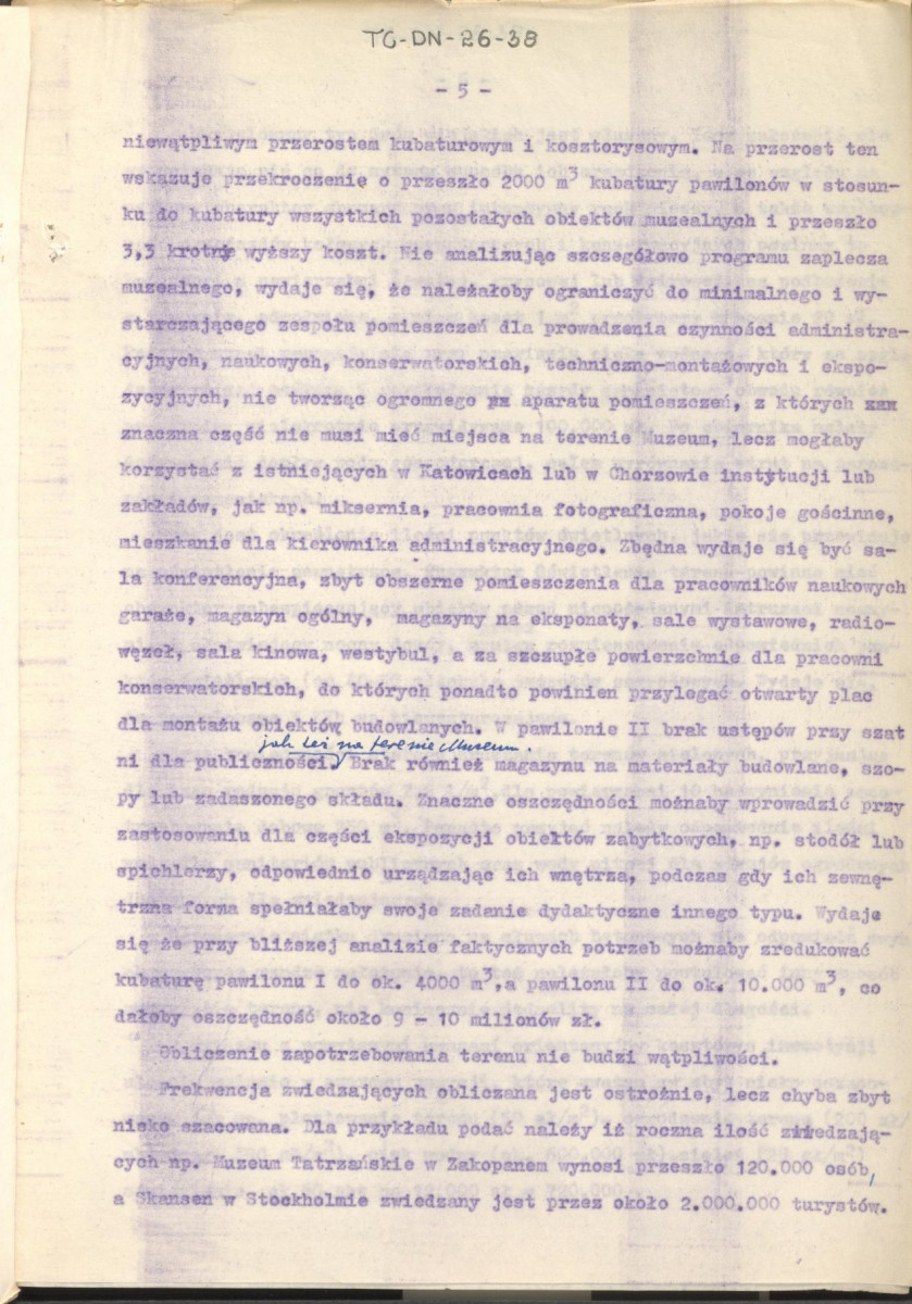 Koreferat z dnia 20 lipca 1963 r. do założeń projektowych i szkicu koncepcyjnego Muzeum Wsi Górnośląskiej w Śląskim Parku Kultury w Chorzowie, skan 5