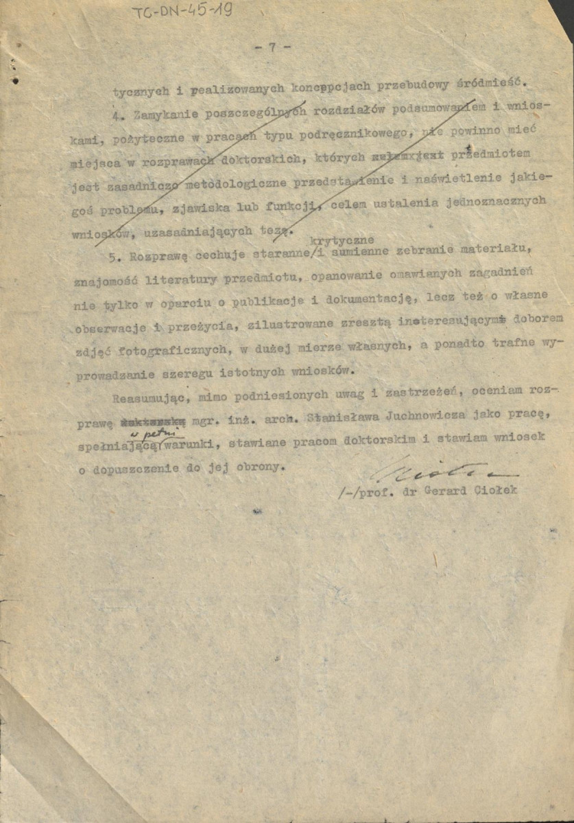 recenzja z dnia 5 października 1962 r. pracy doktorskiej Stanisława Juchnowicza pt. "O związkach i wpływach ruchu na formowanie dzielnic śródmiejskich w miastach Stanów Zjednoczonych Ameryki Północnej", skan 7