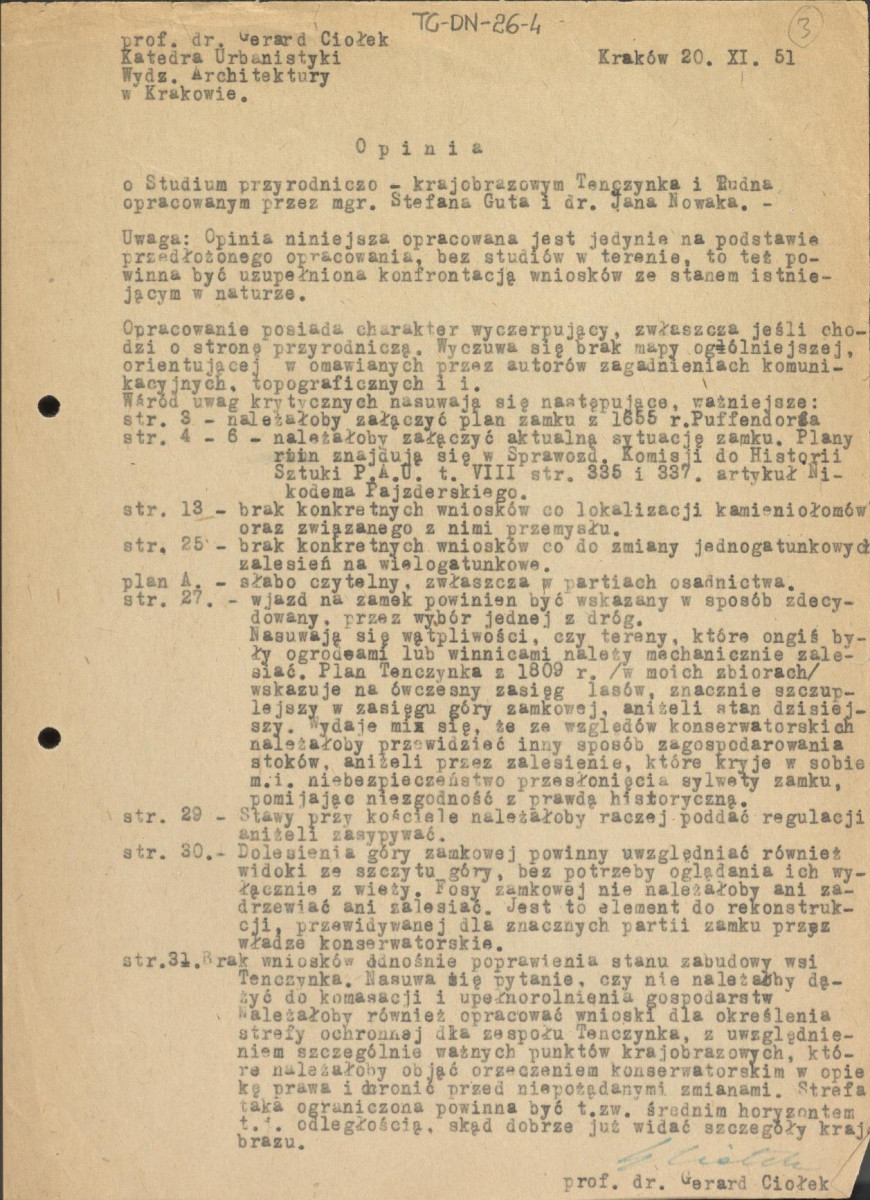Opinia z dnia 20 listopada 1951 r. o Studium przyrodniczo-krajobrazowym Tenczynka i Rudna opracowanym przez mgr. Stefana Guta i dr. Jana Nowaka, skan 1