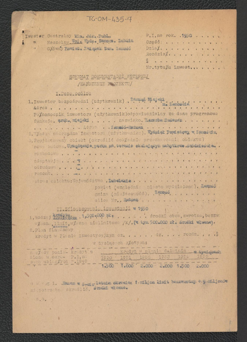 schemat dokumentacji wstępnej (założenie projektu) sygnowany przez wojewodę lubelskiego, architekta miejskiego i burmistrza miasta Zamościa w dniu 4 listopada 1949 roku, skan 1