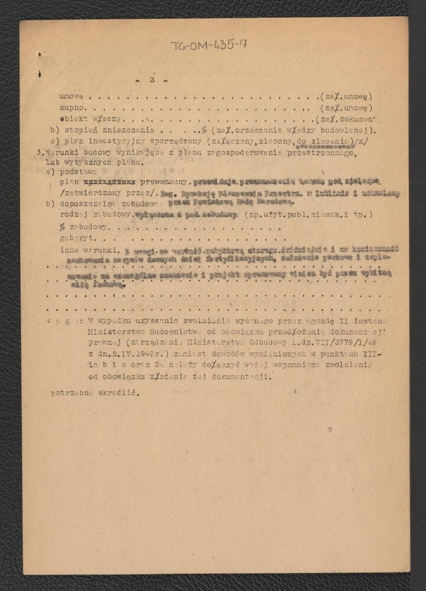 schemat dokumentacji wstępnej (założenie projektu) sygnowany przez wojewodę lubelskiego, architekta miejskiego i burmistrza miasta Zamościa w dniu 4 listopada 1949 roku, skan 3